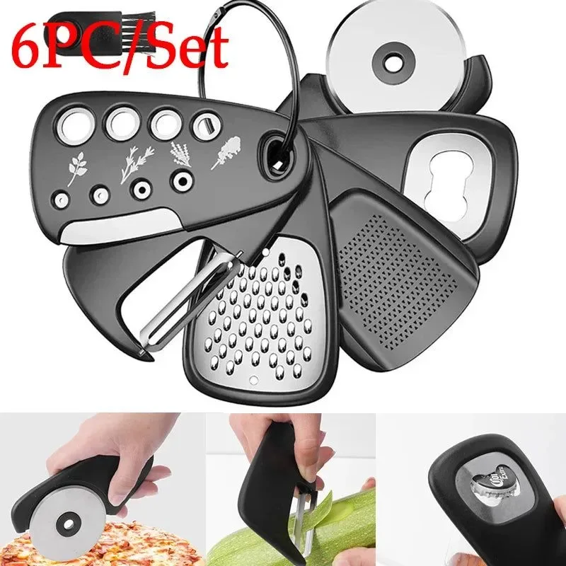 Casual 6pcs Kitchen Gadgets Set - Cheese Bottle Opener Vegetable Peeler Pizza Cutter Garlic Grinder Herb Stripper - Camp Kitchen Tools Crafted
