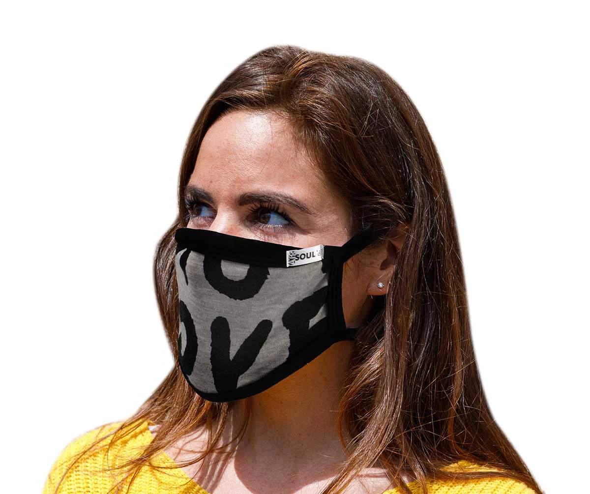 Casual Air Soul MP7923FM USA Made 'Love' Grey and Black Protective Face Mask with Optional Filter Pocket Comfortable