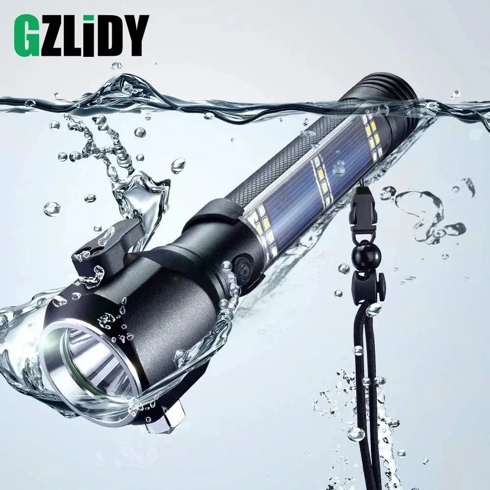 Fast USB Rechargeable Solar LED Flashlight - Multi-function Emergency Torch with Safety Hammer Mobile Power Compass for Outdoor Activities Reliable