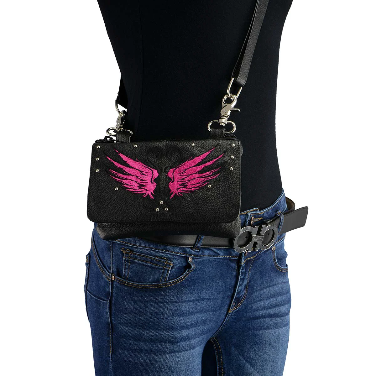 Luxury Milwaukee Leather MP8850 Ladies 'Winged' Leather Black and Pink Multi-Pocket Belt Bag Optimized