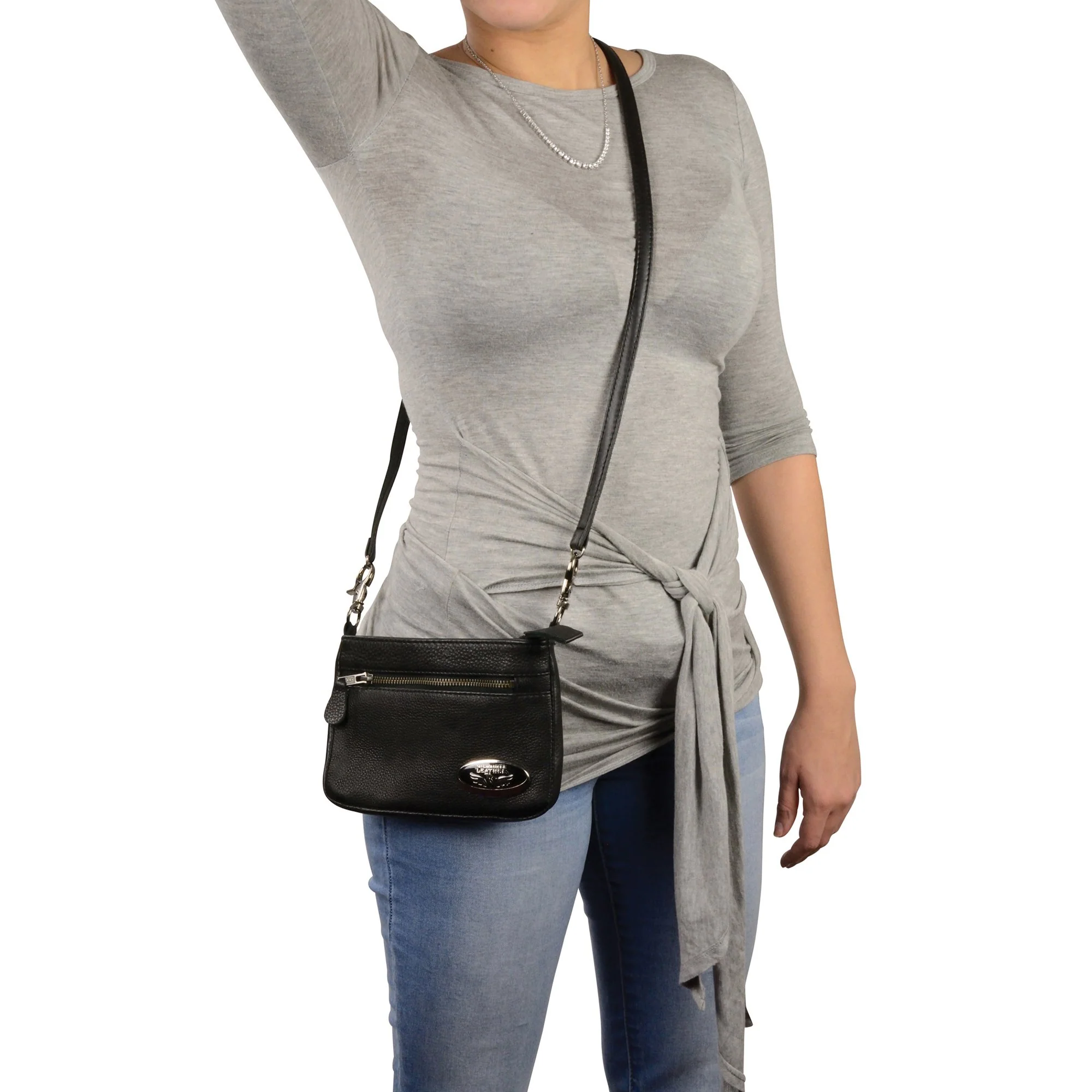 Functional Milwaukee Leather MP8815 Ladies Black Double Zipper Leather Shoulder Bag Professional