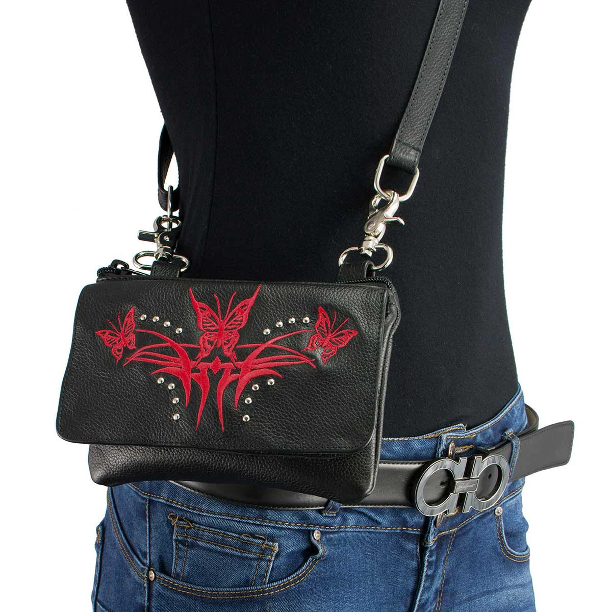 Advanced Milwaukee Leather MP8851 Women's Black and Red Leather Multi Pocket Belt Bag Comfortable