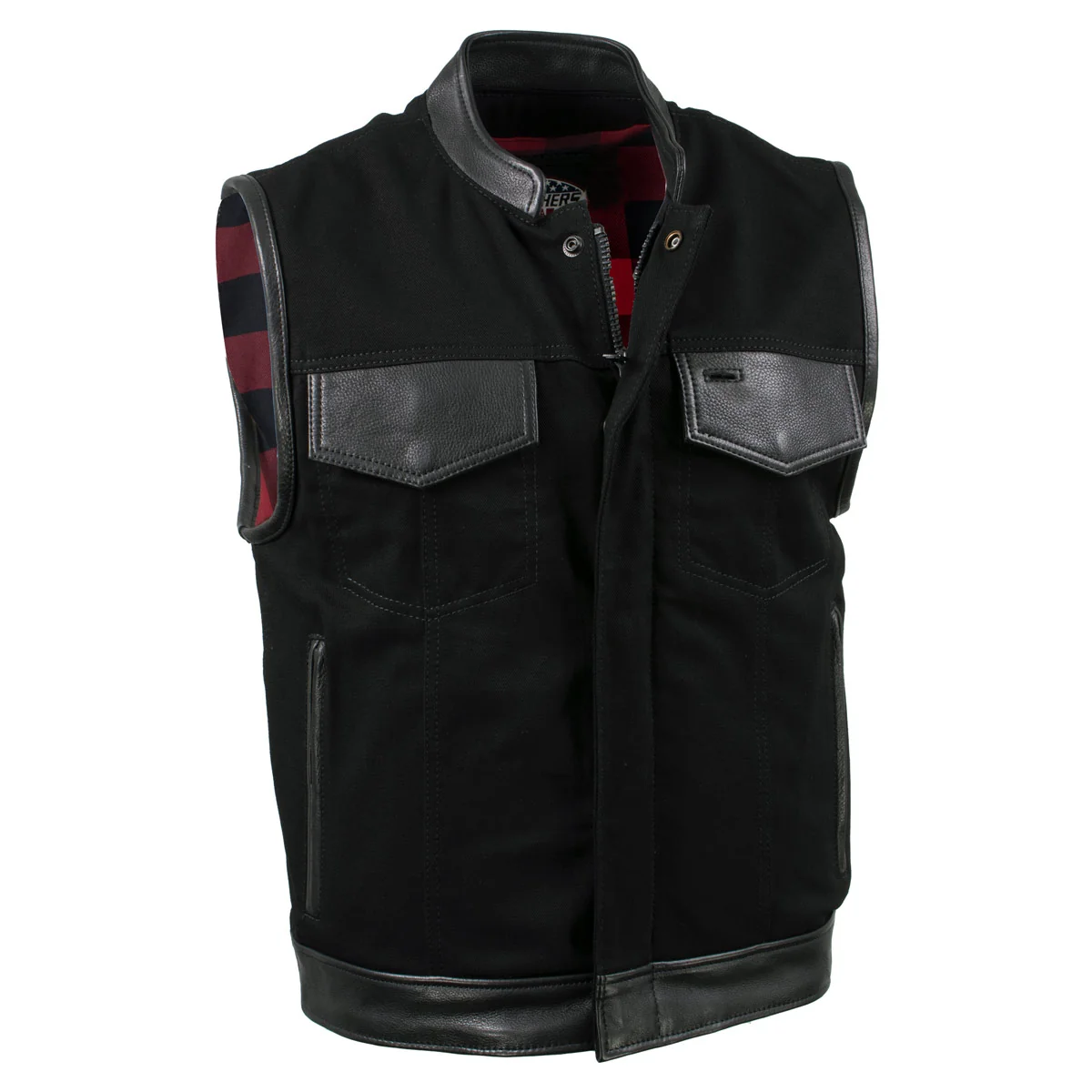 Refined Milwaukee Leather USA MADE MLM5101 Men's Black Burn Out Denim and Leather Motorcycle Vest with Plaid Red Lining Versatile