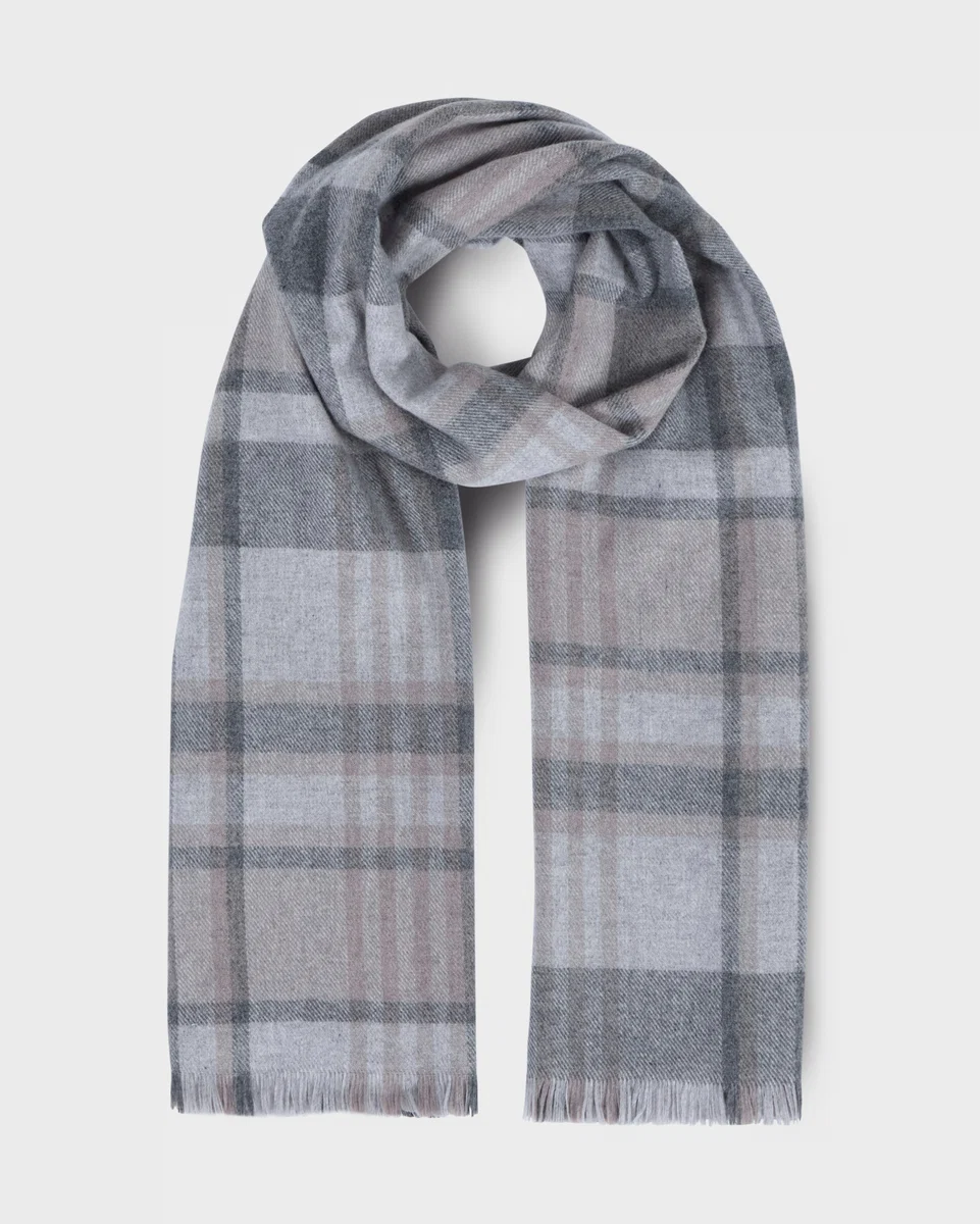 Quality Foxford Grey and Mink Tartan Fine Wool Cashmere Blend Scarf Casual