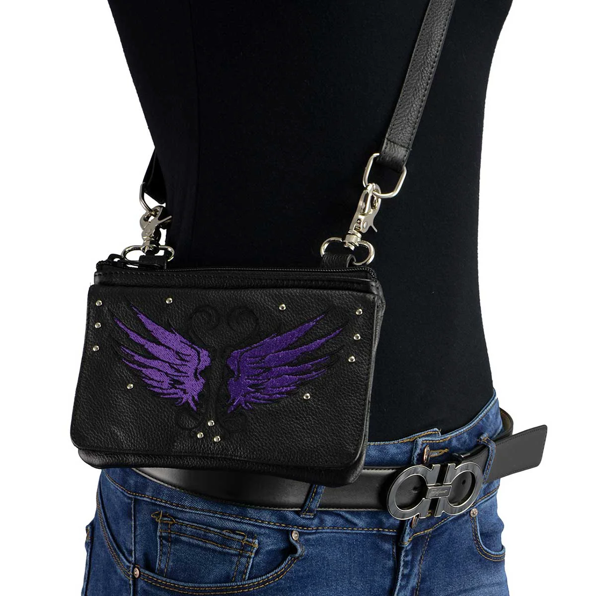 High-Performance Milwaukee Leather MP8850 Ladies Leather 'Winged' Black and Purple Multi Pocket Belt Bag Practical