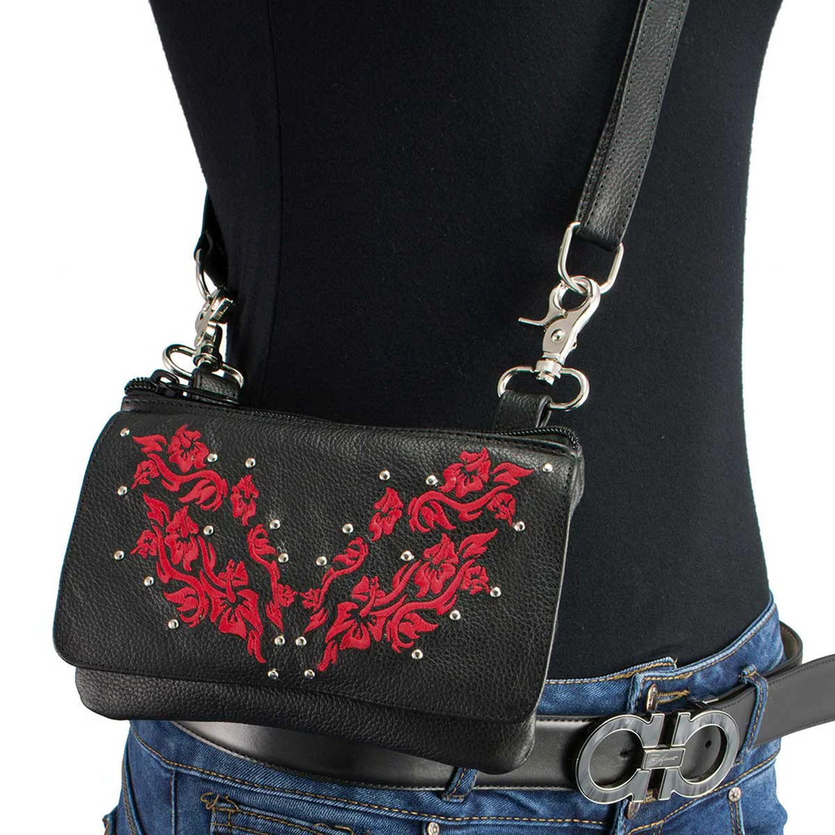 Stylish Milwaukee Leather MP8853 Women's 'Flower' Black and Red Leather Multi Pocket Belt Bag Modern