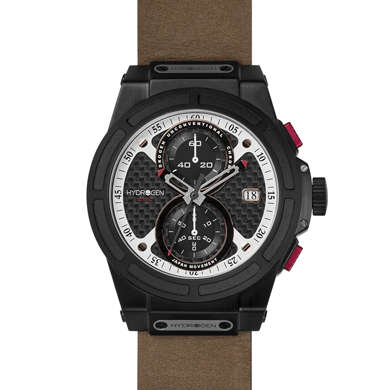Green Hydrogen Chronograph Watch with Carbon Fiber Dial and Brown Strap Functional