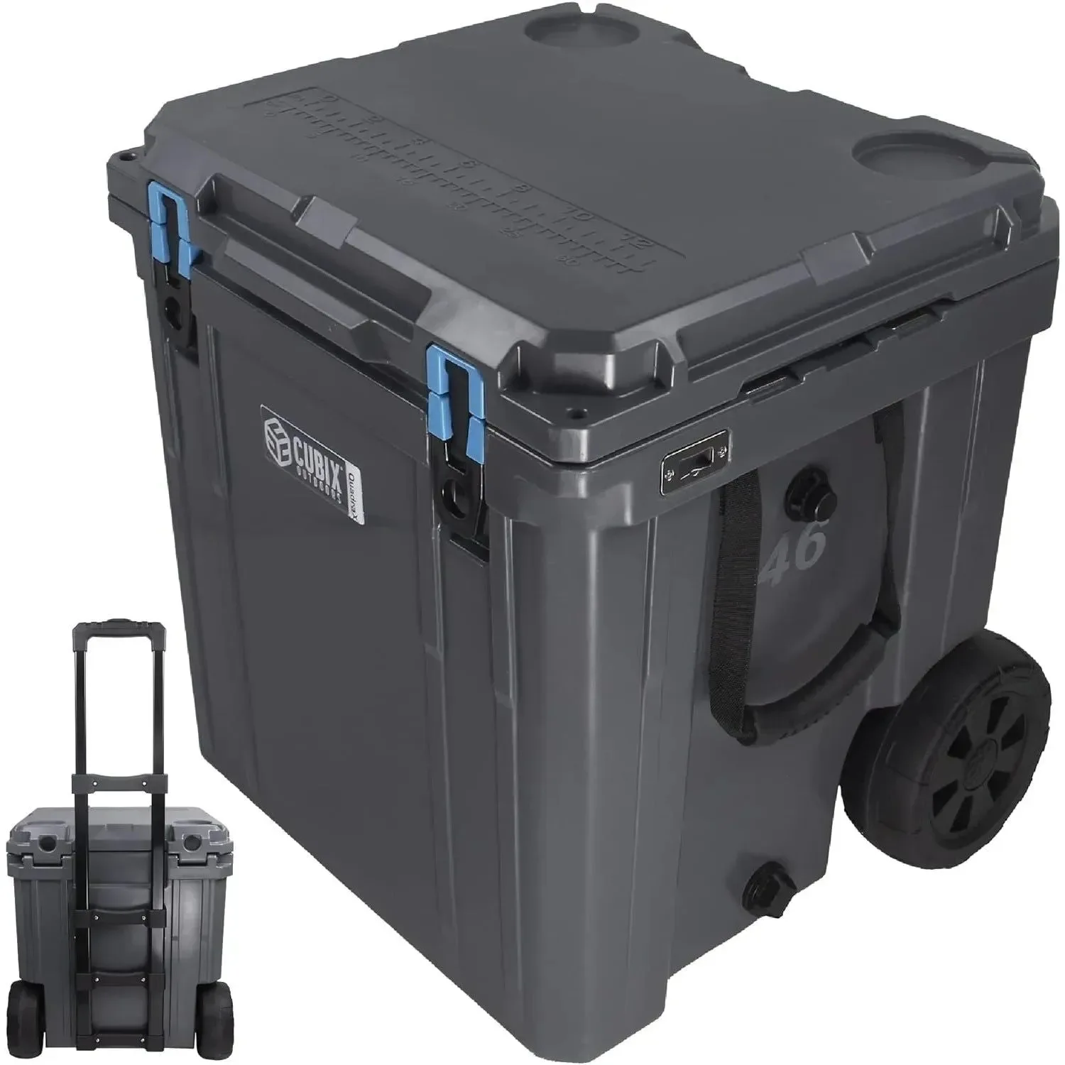 Stylish 46 Quart QuadraX Wheeled Rotomolded Hard Cooler - Heavy Duty Insulated Ice Chest Safe