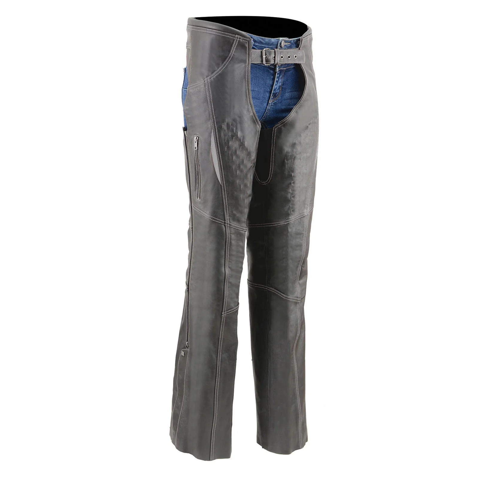 Original Milwaukee Leather Chaps for Women Black and Grey Premium Skin Laser Cut Accent Stitching Motorcycle Chap - MLL6525 Optimized