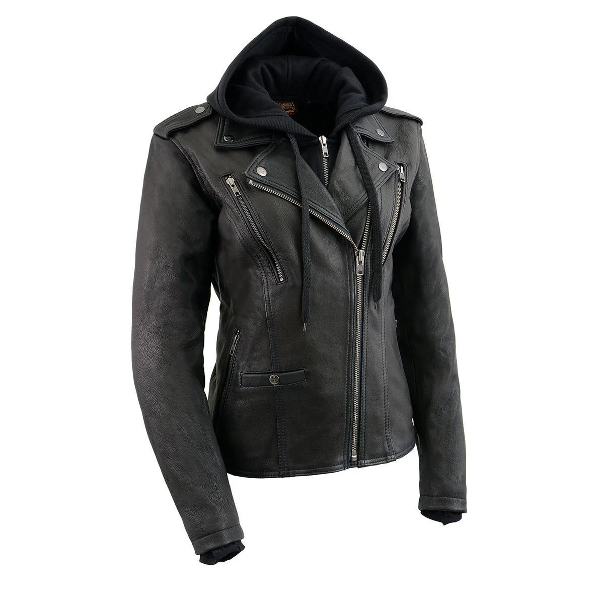 World-Class Milwaukee Leather Women s Galactica Black Leather Vented Motorcycle Jacket with Removable Hoodie - MLL2575 Smooth