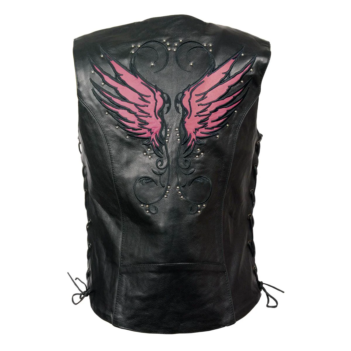 Certified Milwaukee Leather MLL4505 Women's Black Leather Side Lace Motorcycle Rider Vest- Reflective and Studded Pink Wings Green