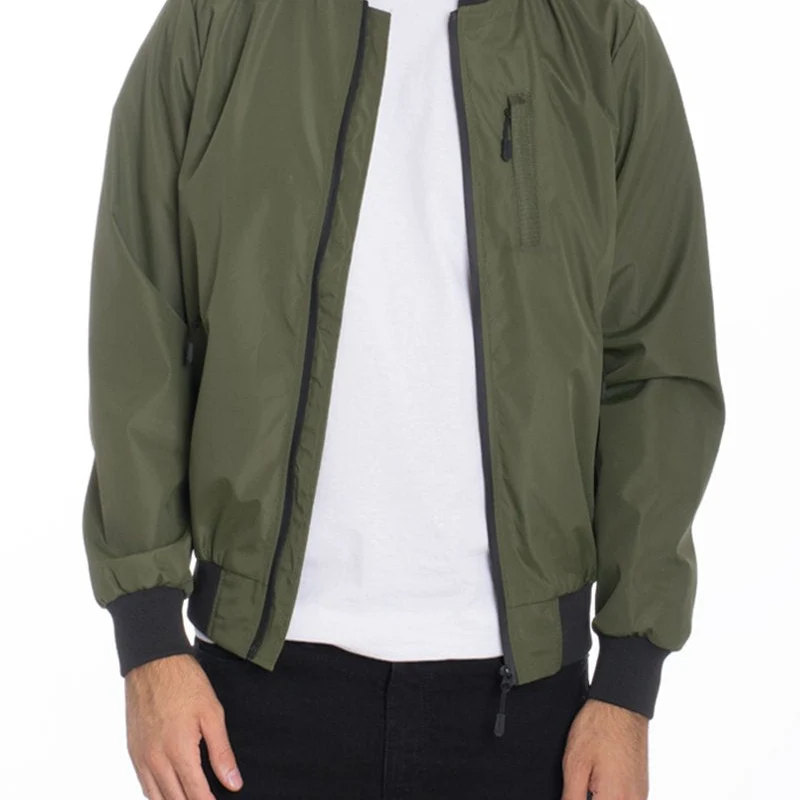 Premium Material Men s Olive Green Bomber Jacket with Zippered Pocket Solid