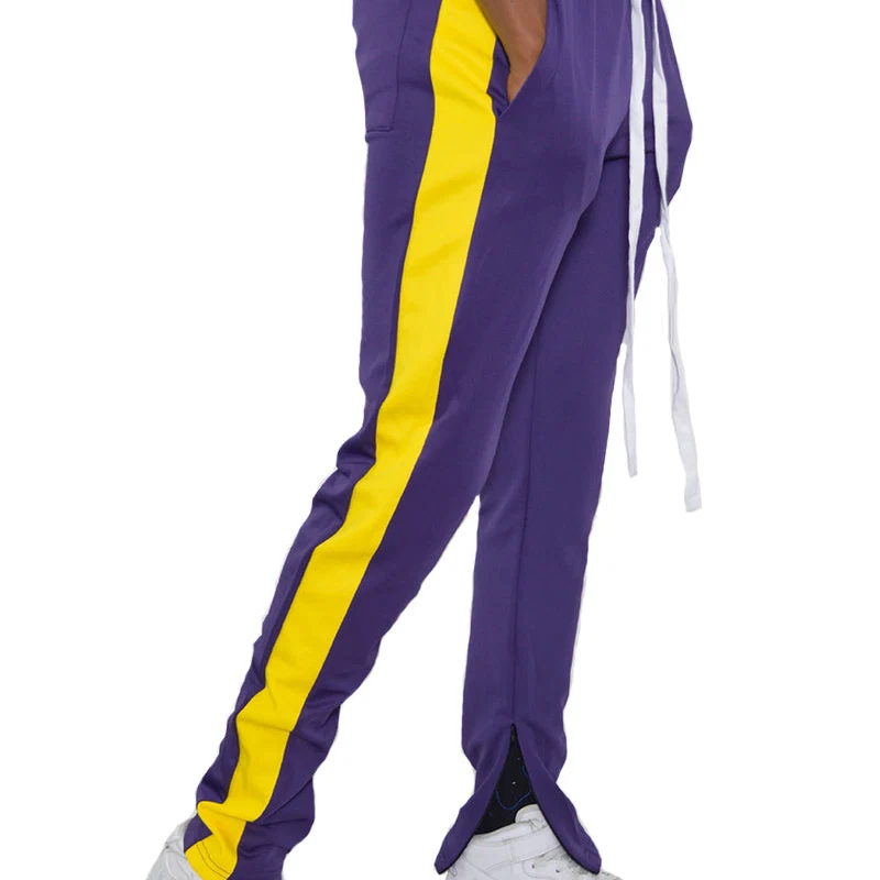 Practical Men's Purple Jogger Pants with Eye-Catching Yellow Side Stripes for Style and Comfort Premium Material