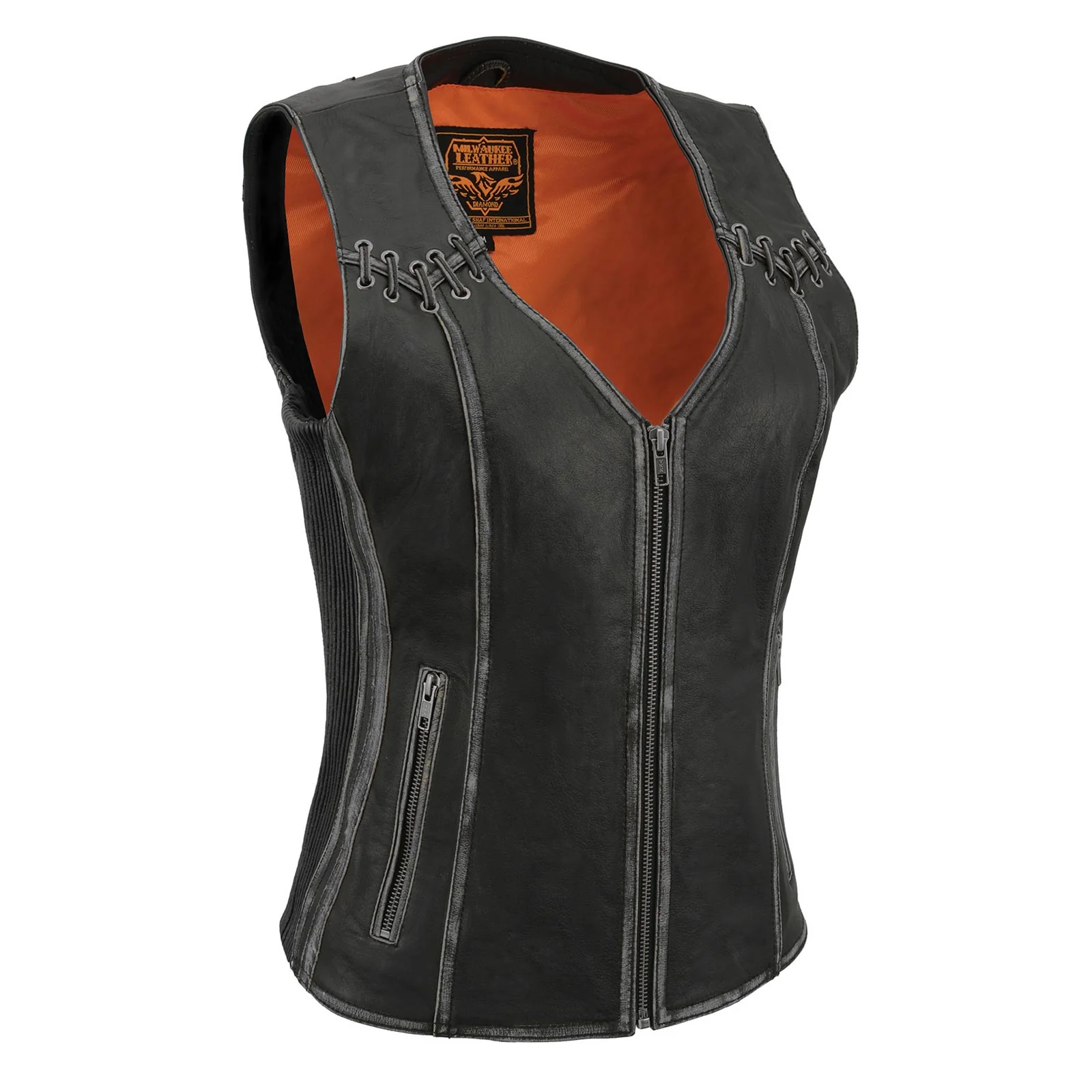 Top-Quality Milwaukee Leather MLL4526 Women's Distress Grey Leather Motorcycle Rider Vest- Stretch Side Panel W Lacing Detail Advanced