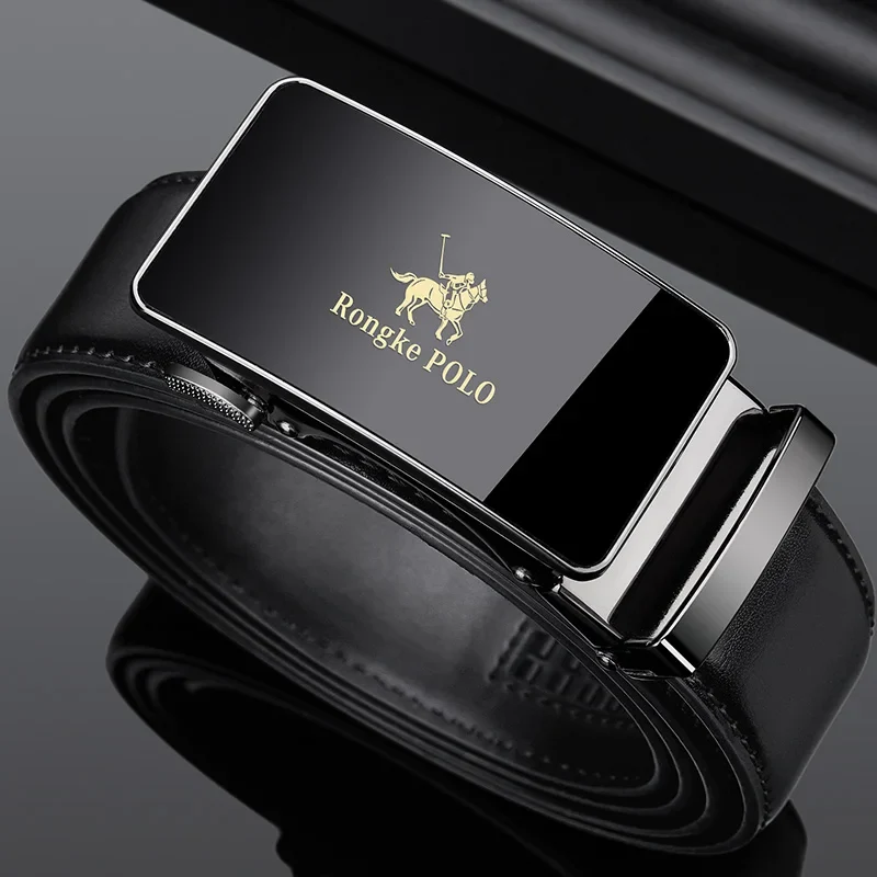 Crafted Rongke POLO Luxury Black Leather Belt with Polished Metal Buckle Next-Generation