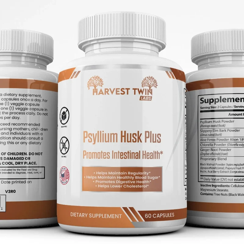 Safe Harvest Twin Psyllium Husk Capsules for Intestinal Health - 60 Count Expertly Made
