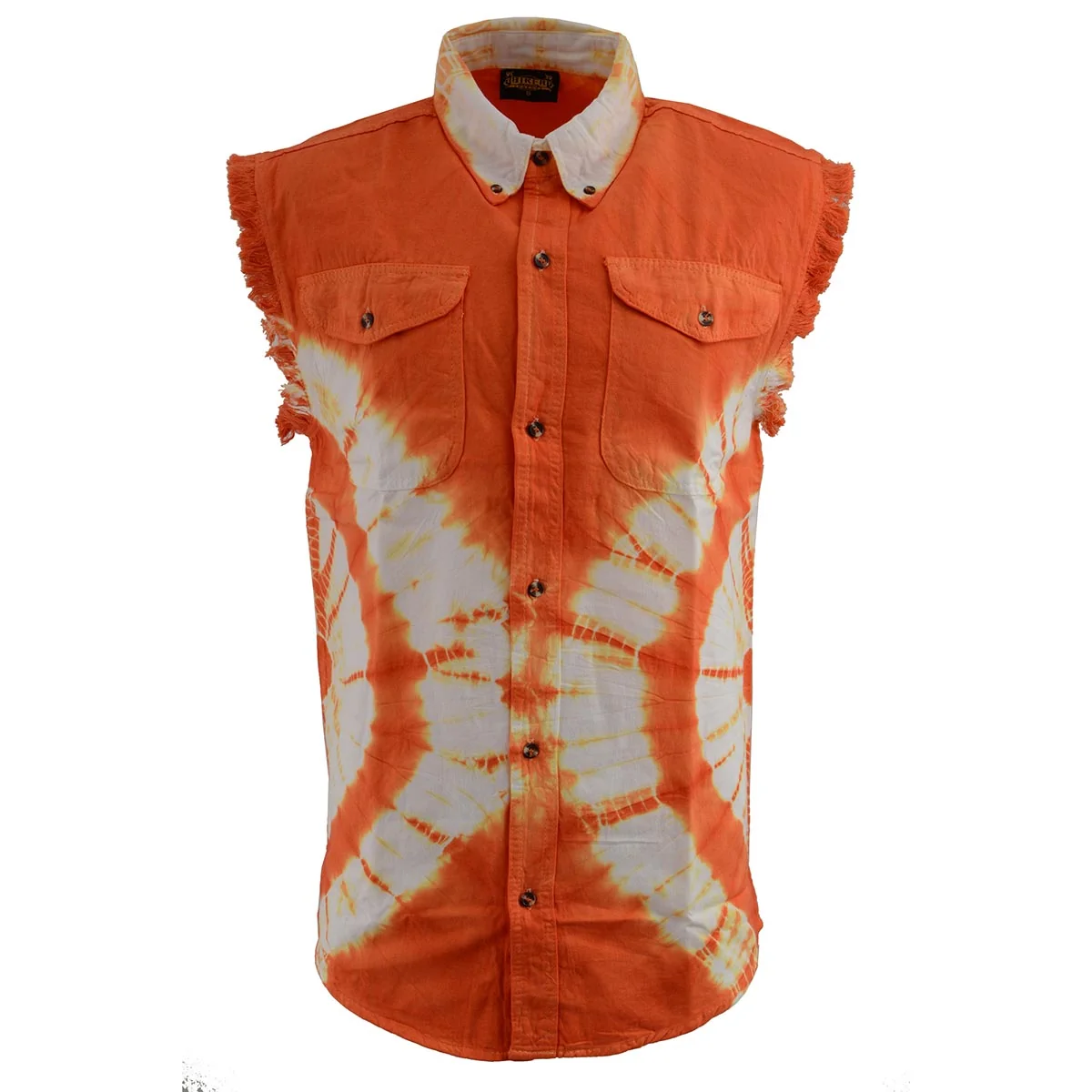 Flexible Biker Clothing Co. MDM11680 Men's Classic Orange and White Tie-Dye Button-Down Frayed Sleeveless Cut Off Shirt Outstanding