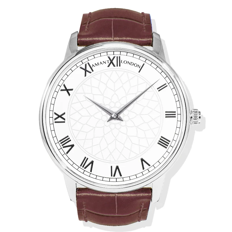 Convenient AMANT LONDON White Pattern Dial Roman Numeral Leather Strap Watch Exclusive