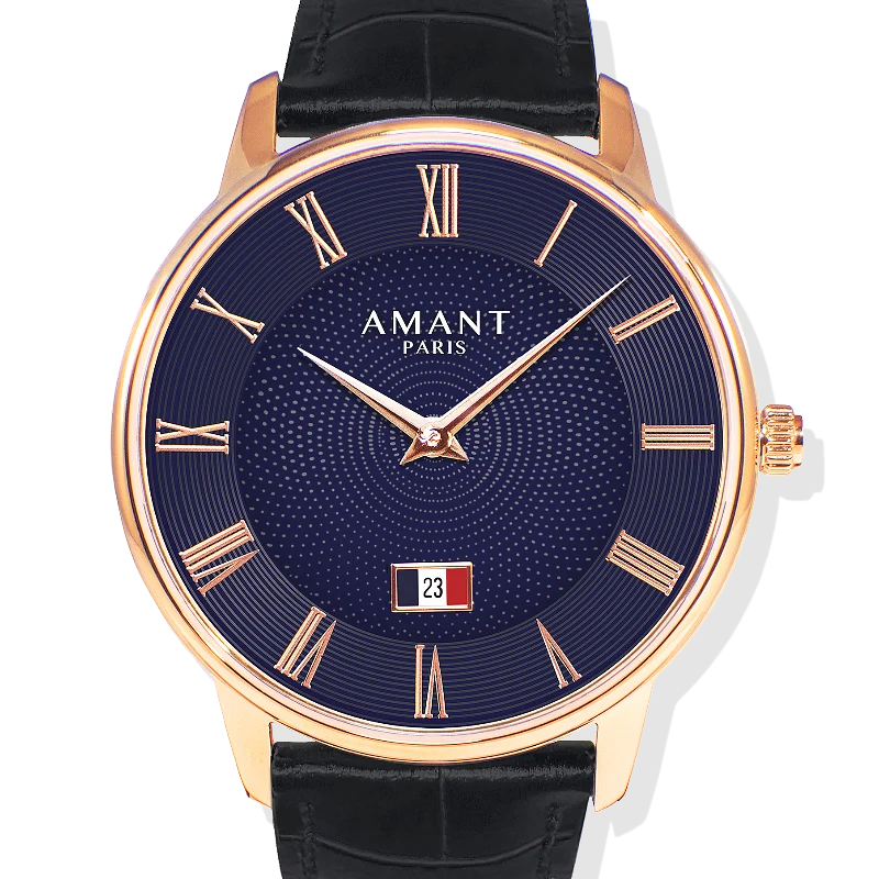 Efficient AMANT PARIS Blue Roman Numeral Dial Leather Strap Watch Fast