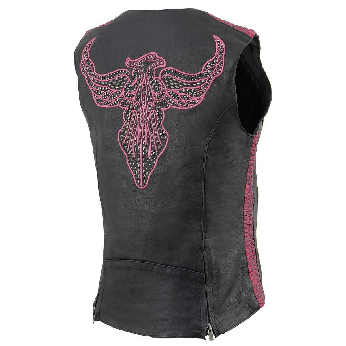 Premium Milwaukee Leather MLL4570 Women's Studded Phoenix Black Fuchsia Leather Motorcycle Vest w Embroidery Art Contemporary