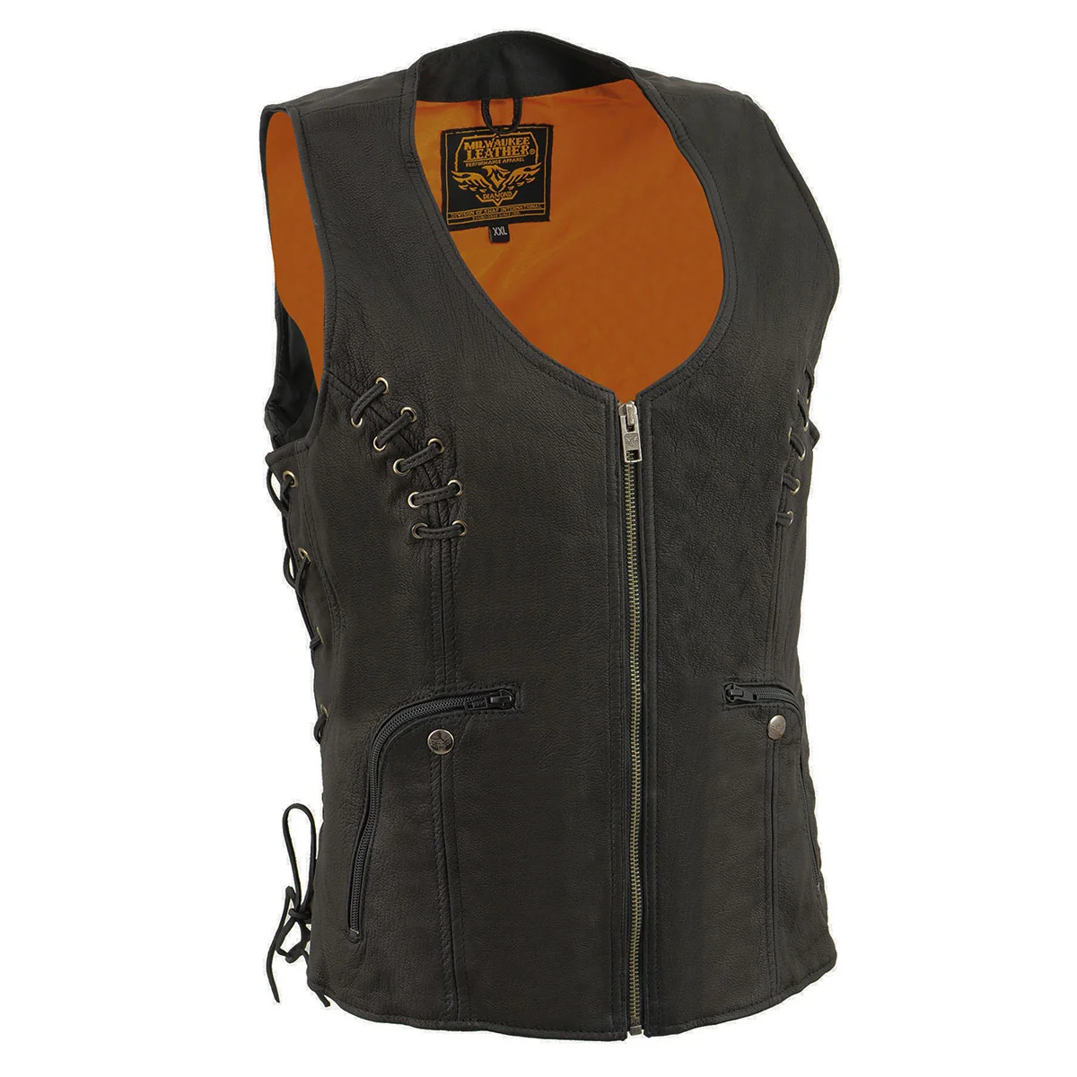 Refined Milwaukee Leather Women's Classic V-Neck Black Leather Motorcycle Rider Vest w Adjustable Side Laces MLL4575 Secure
