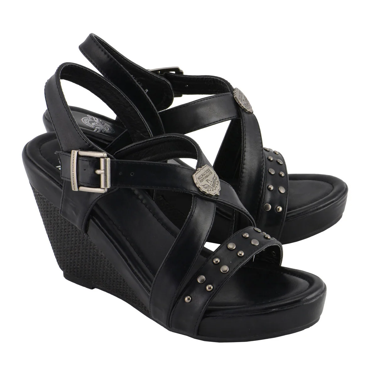 Specialty Milwaukee Leather MBL9413 Women's Black Triple Strap Studded Fashion Casual Wedge Sandal Convenient