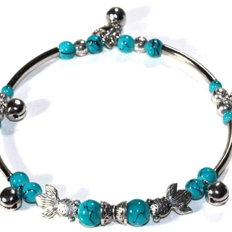 Organic Turquoise Beaded Bangle Bracelet Silver Tone Charm Jewelry Dependable