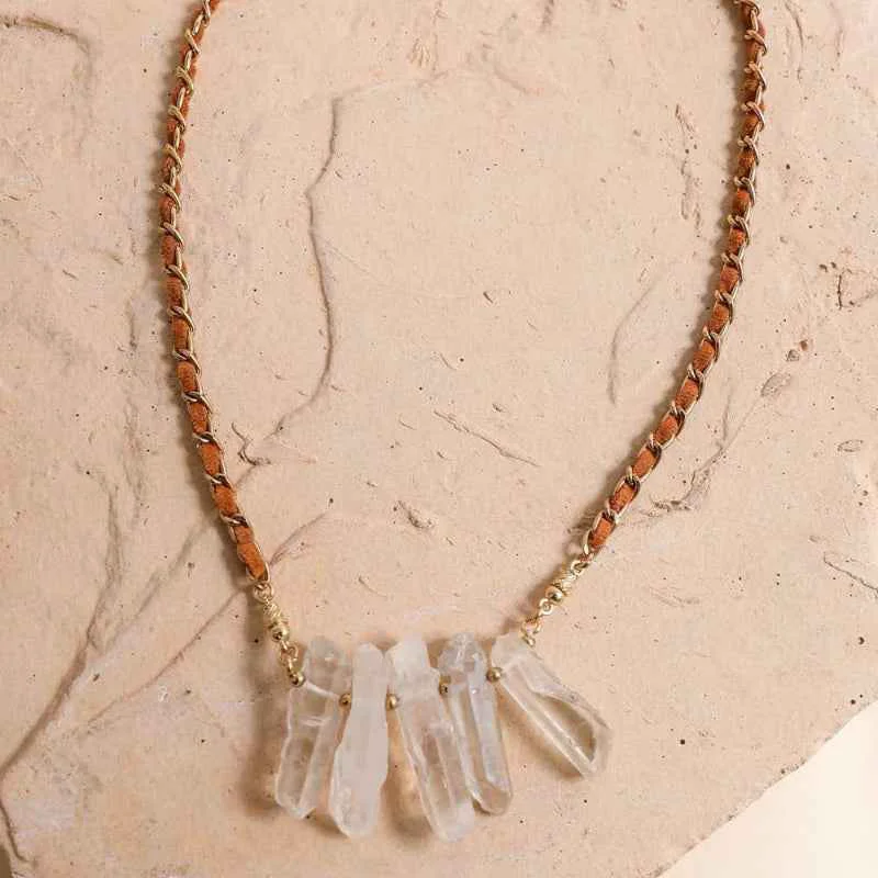High-Performance Crystal Pendant Necklace Brown Beaded Chain Gold Accent Detailed