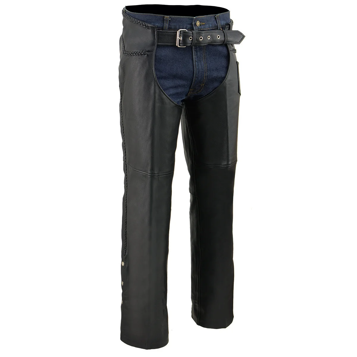 Practical Milwaukee Leather Chaps for Men's Black Thick Braided Premium Leather Motorcycle Chaps w Front Coin Pocket-ML1135 Excellent