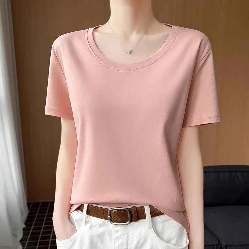 Long-Lasting Soft Pink Basic T-Shirt for Women Detailed