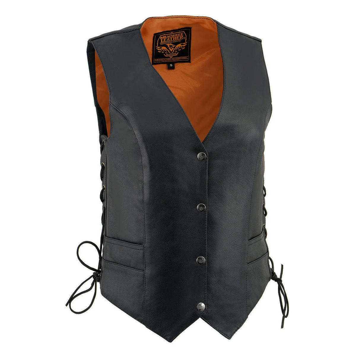 Certified Milwaukee Leather ML1254 Women's Black Premium Leather Side Lace Motorcycle Rider Vest w Milwaukee Leather Logo Snaps Closure High-Grade