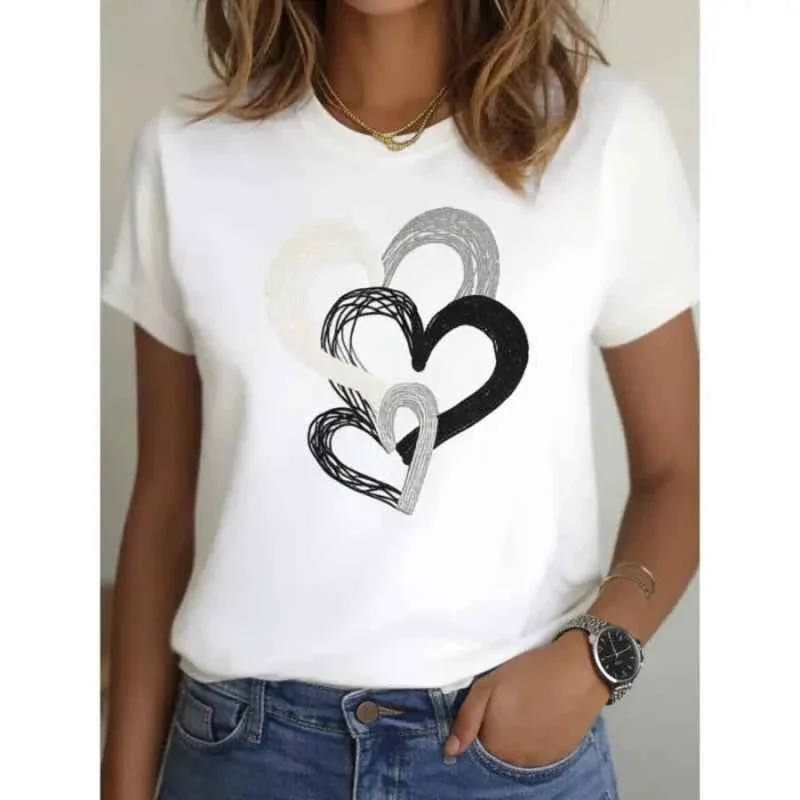 Original Design White Heart Print T-Shirt with Black Gray and White Design Exclusive