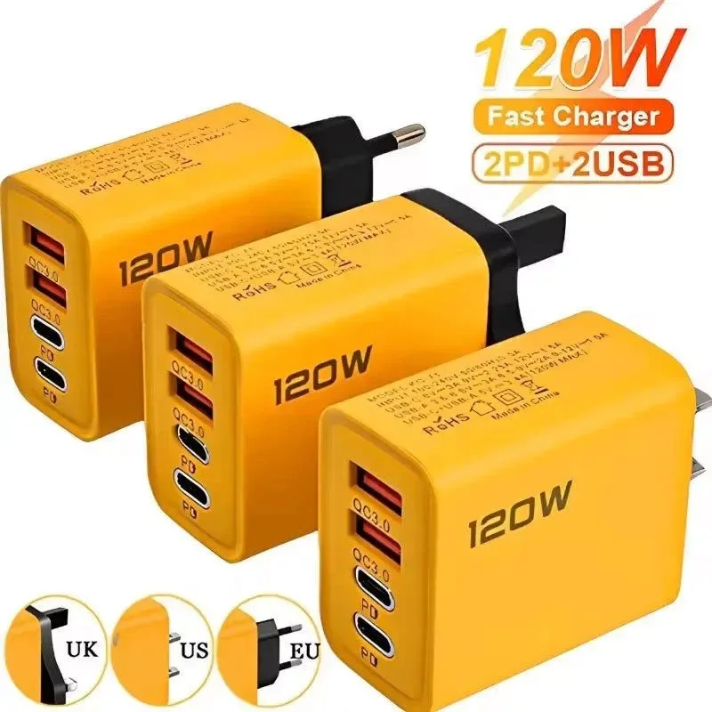 Top-Quality 4-Port USB C Fast Charger with PD QC 3.0 – 120W High-Speed Charging Hub for iPhone Samsung Xiaomi Huawei and More Convenient