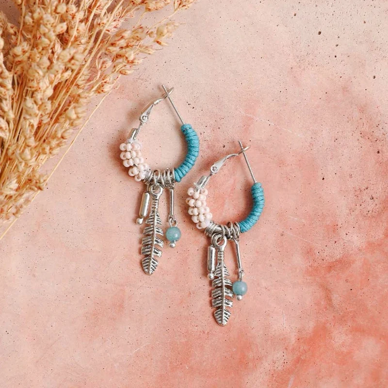 Dependable Dainty Feather Charm Hoop Earrings with Beads and Tassel Details Breathable