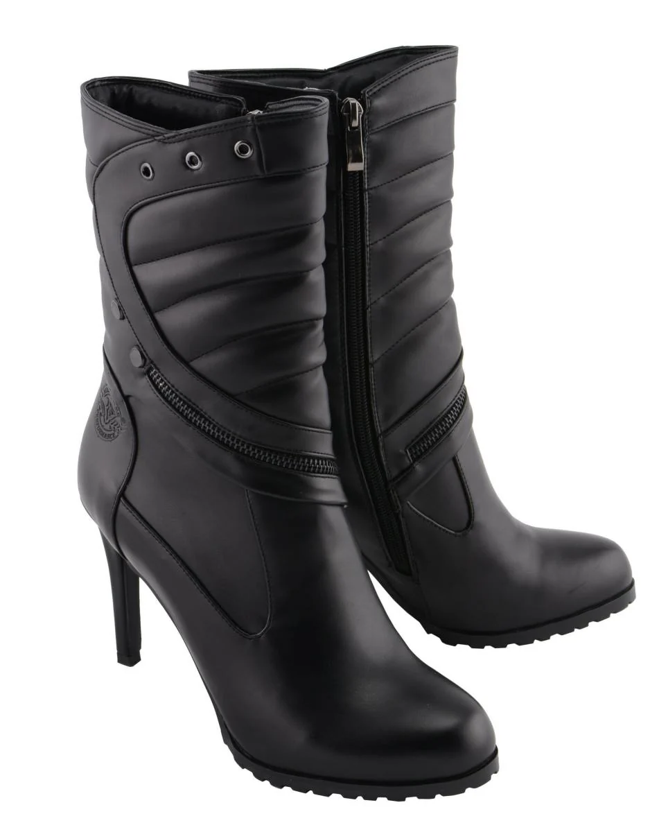 Comfortable Milwaukee Leather MBL9434 Women's Black High Heel Fashion Casual Boots with Zipper Accents Detailed