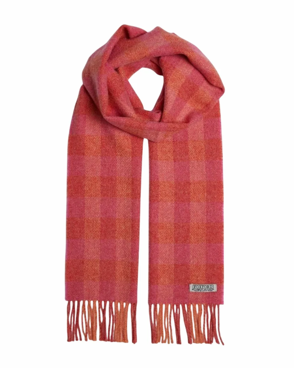 Fast Foxford Orange Pink Check Lambswool Scarf Refined