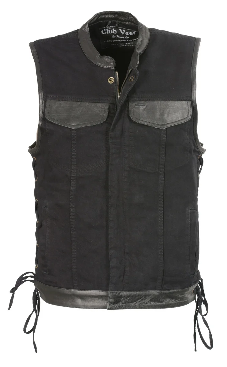 Excellent Club Vest CVM3011 Men's Side Lace Black Denim Vest with Leather Trim Accents Versatile
