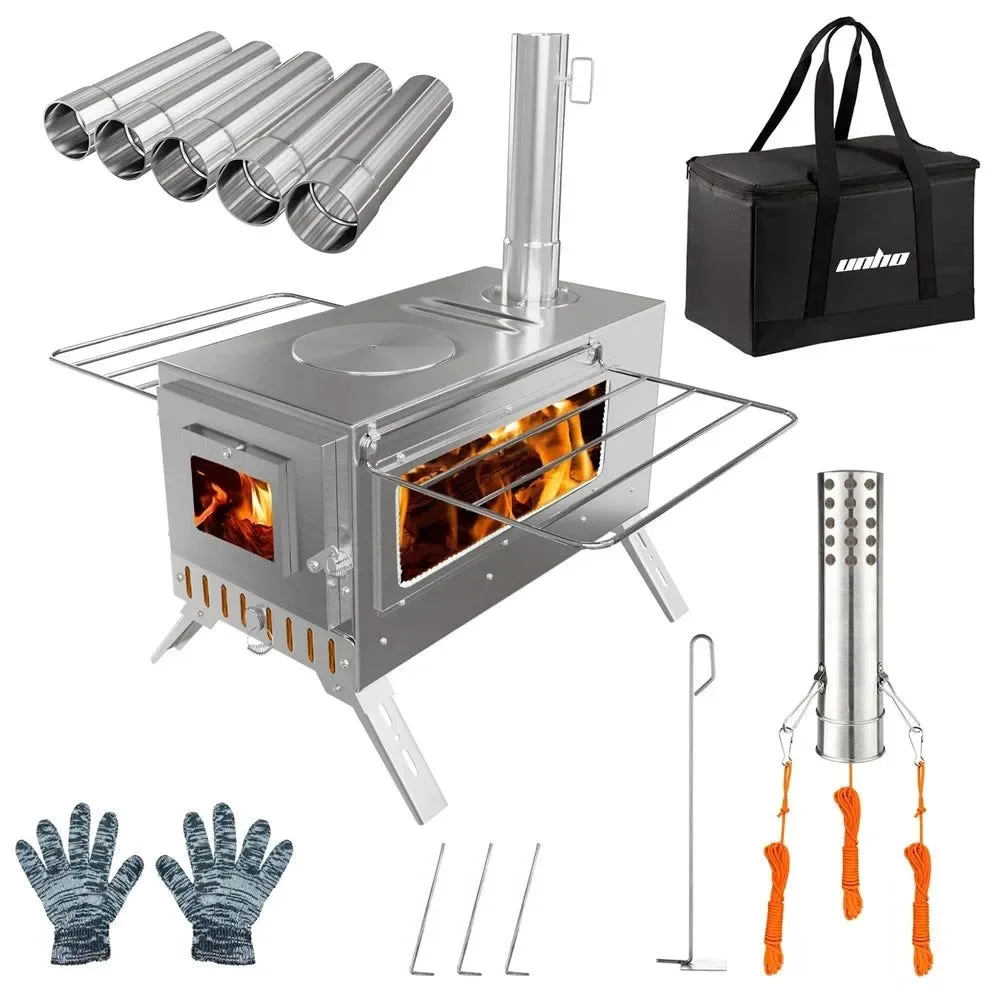 Fine Portable Hot Tent Stove with 6 Chimney Pipes Stainless Steel Wood Burning Stove for Camping Heating Cooking Authentic