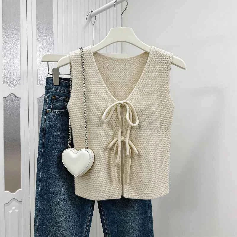 Powerful Knitted Tie-Front Vest – Stylish Casual Wear for Women Beige Color Comfortable