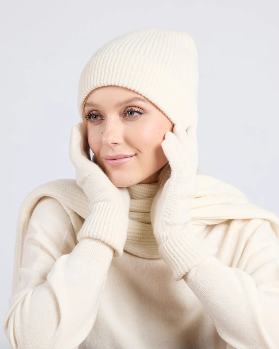Original Design Foxford White Ribbed Cashmere Beanie Premium