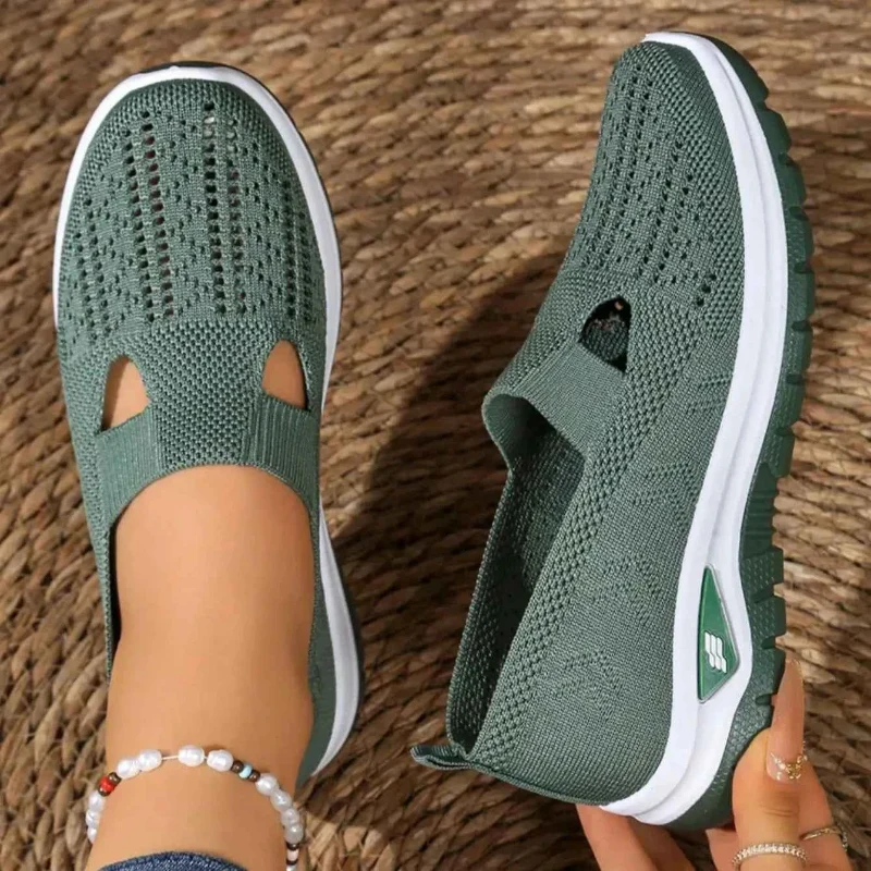 Optimized Women s Green Slip-On Walking Shoes – Knit Upper Cut-Out Casual Sneakers Carefully Designed