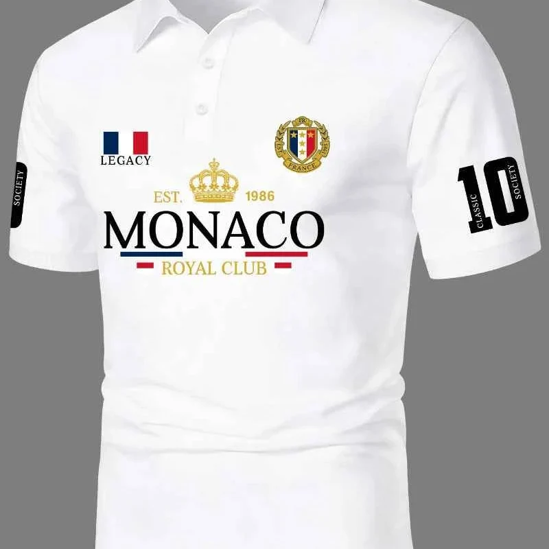 Premium Material LEGACY MONACO Royal Club Men s Short Sleeve Polo Shirt with Crest Logo Number 10 Sleeve Print Traditional