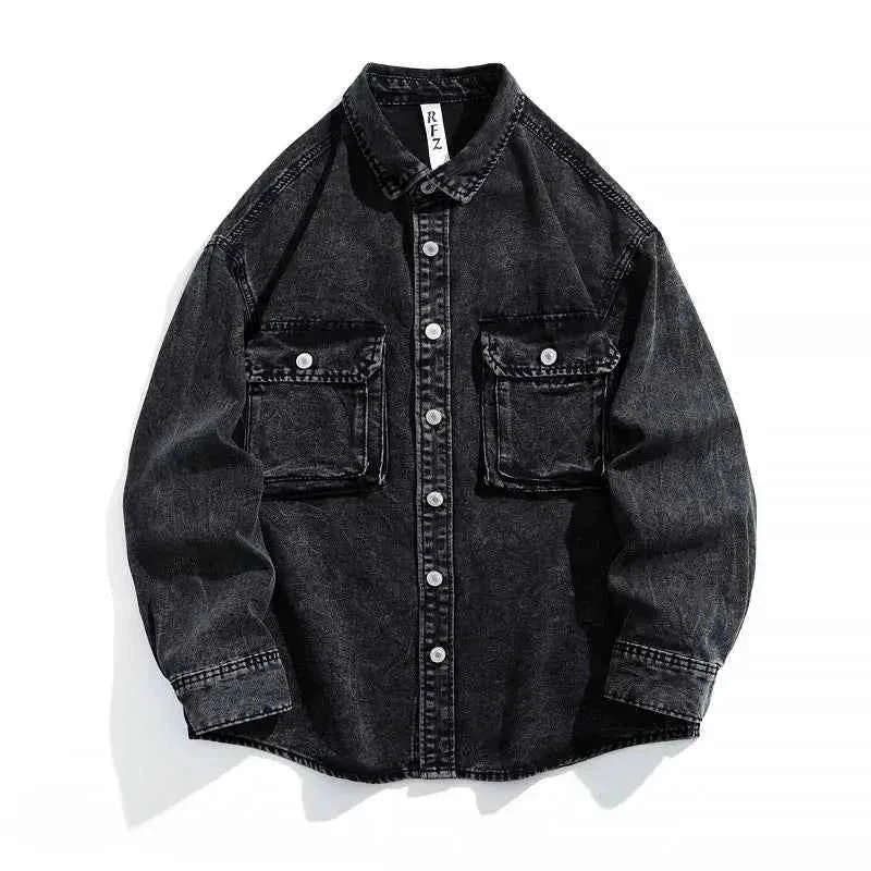 Original REZ Black Washed Denim Button-Up Shirt Jacket – Collared Long Sleeve Casual Outerwear Minimalist