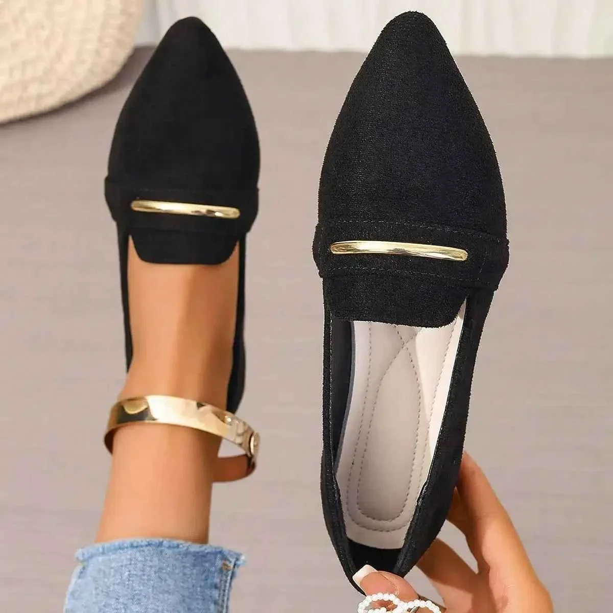 Superior Women s Pointed Toe Flat Shoes with Gold-Tone Ankle Strap Metal Bar Detail Functional