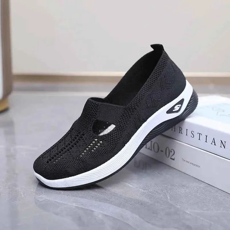 Fashionable Black Slip-On Walking Shoes – Knit Upper Casual Sneakers with White Sole Authentic