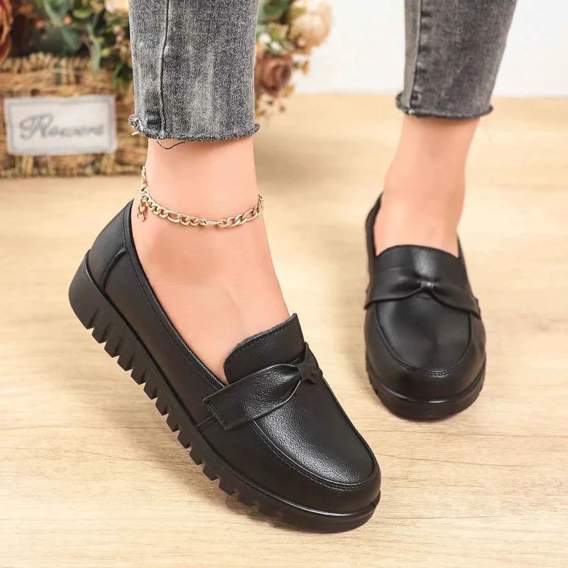 Expertly Made Women s Black Slip-On Loafers – Round Toe Lug Sole Casual Shoes Fine Crafted