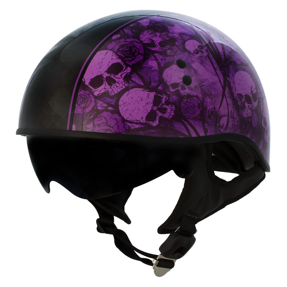 Environmentally Friendly Hot Leathers HLD1039 Gloss Black Purple Skull Bouquet Advanced DOT Unisex Half Helmet w Drop Down Visor Lightweight