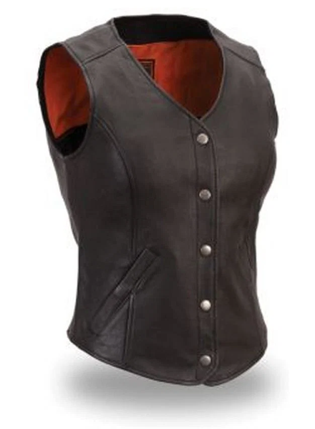 Reusable First Manufacturing FIL545CSL Women s Black Extremely Stylish Long Length Cowhide Leather Motorcycle Vest Outstanding