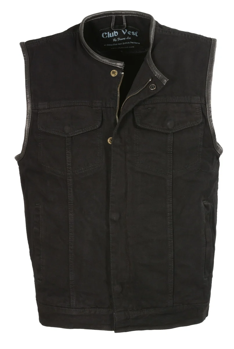 Traditional Club Vest CV3004LT Men's Black Collarless Denim Vest with Concealed Snaps and Hidden Zipper Safe