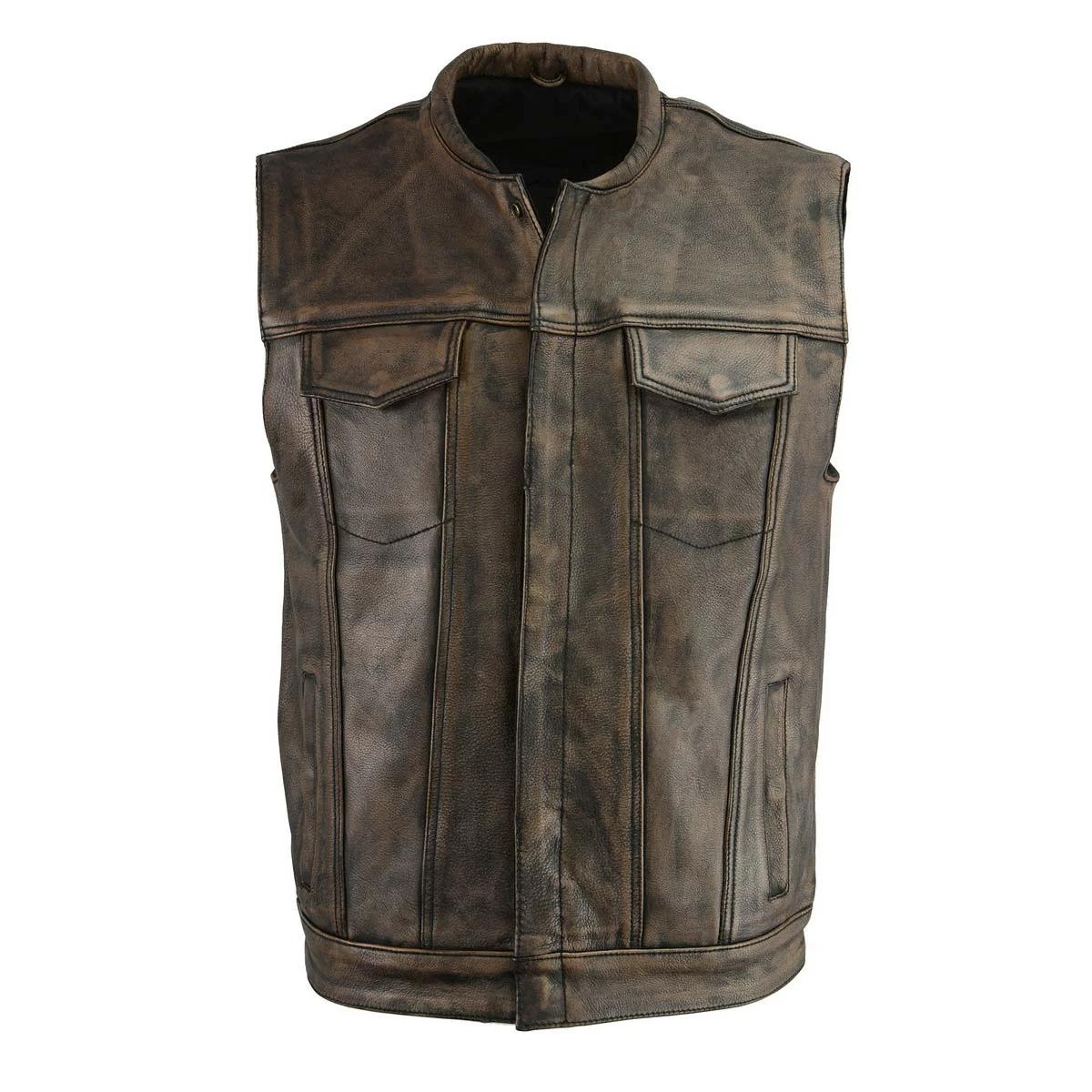 Durable M Boss Motorcycle Apparel BOS13502 Men's Leather Distressed Brown Snap Front Vest Official